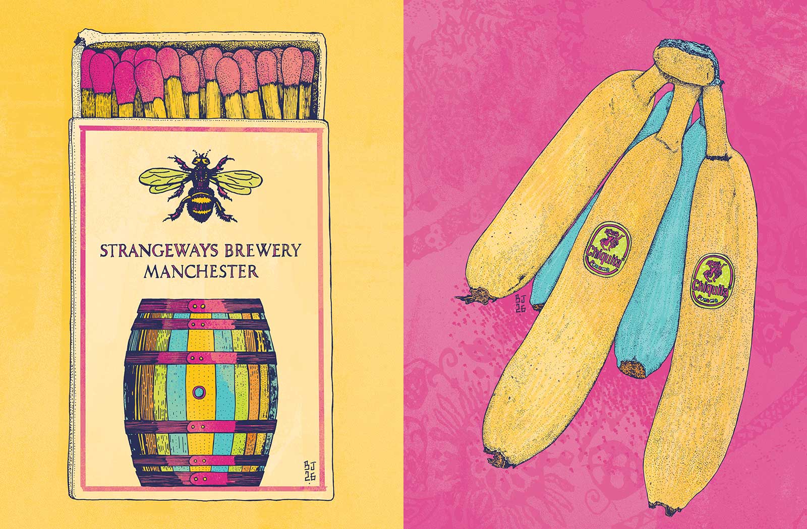 A split-panel illustration: the left half shows a matchbox labeled 'Strangeways Brewery Manchester' with a bee and barrel graphic on a yellow background; the right half shows three bananas on a pink patterned background, with two bananas carrying circular logo.