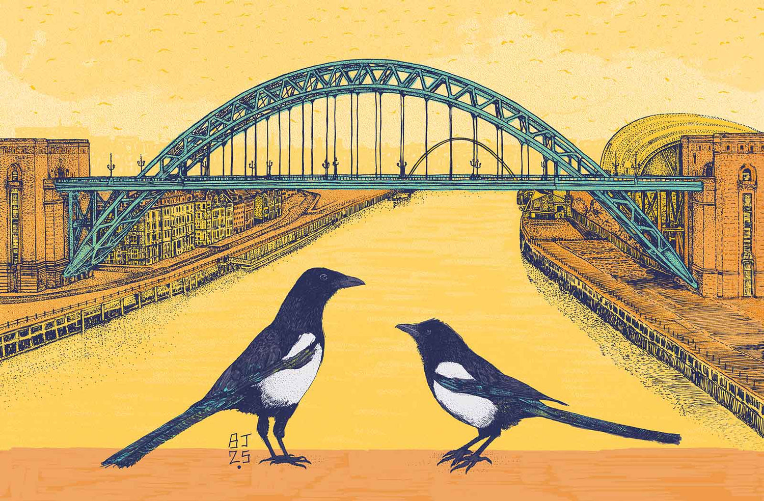 Two magpies on a bridge with a yellow background