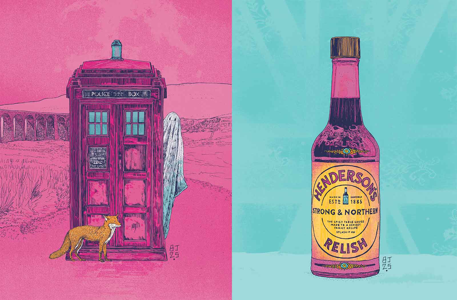 Illustration of a Police box (tardis), ghost, and a fox on a pink background next to a bottle of Hendersons Relish on a teal background.