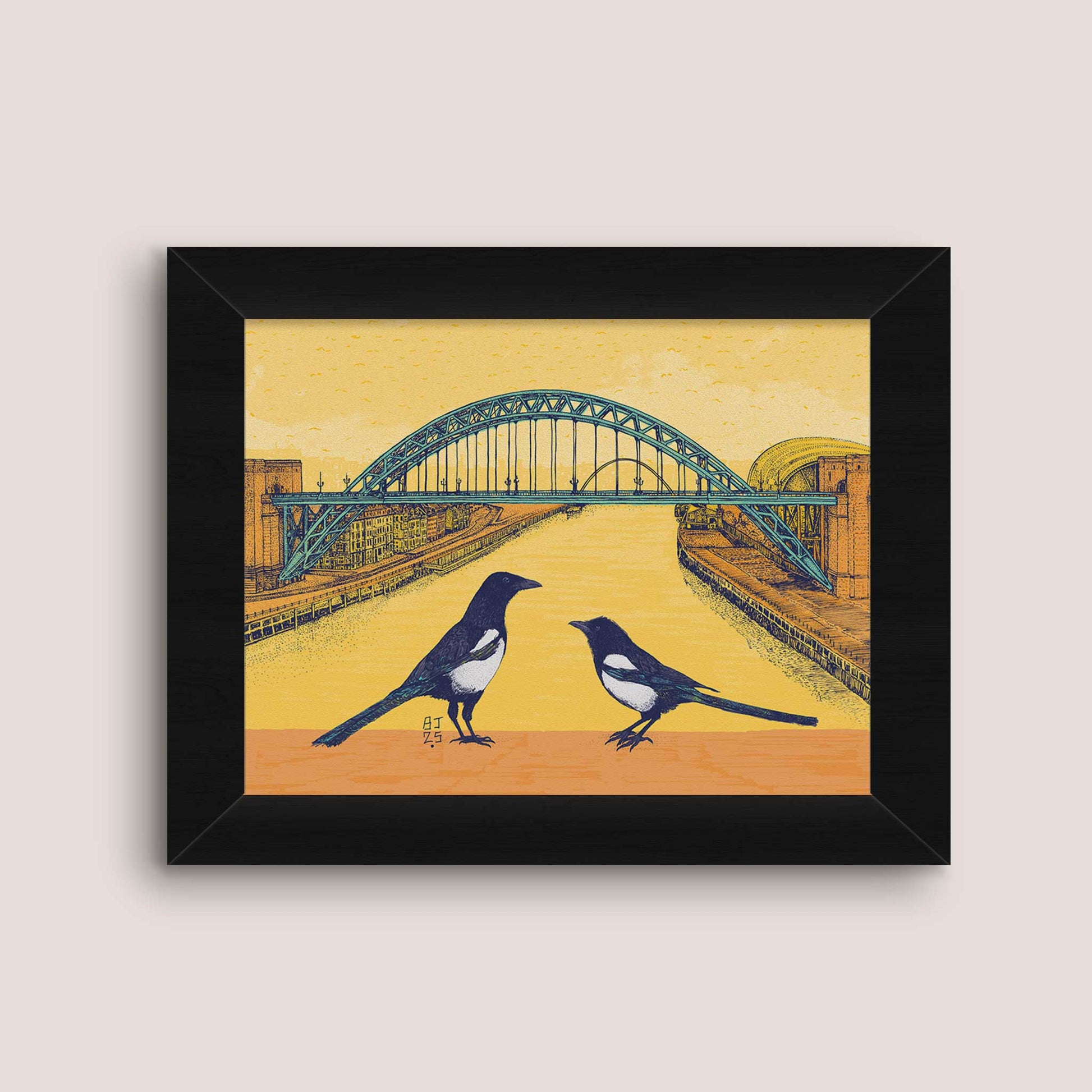 Framed artwork of Tyne Bridge illustration with magpies