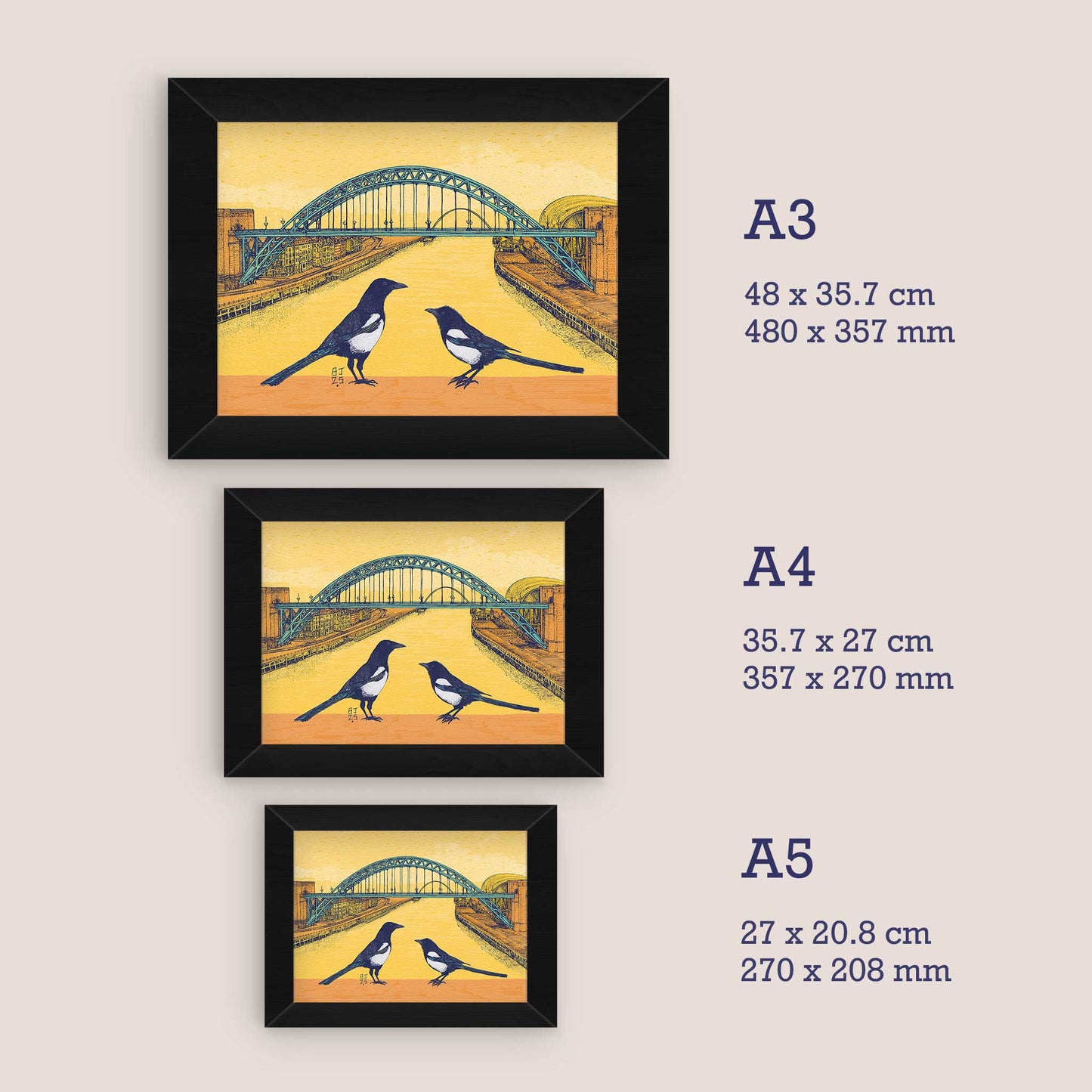 Framed artworks with dimensions displayed for A5, A4 and A3 prints sizes