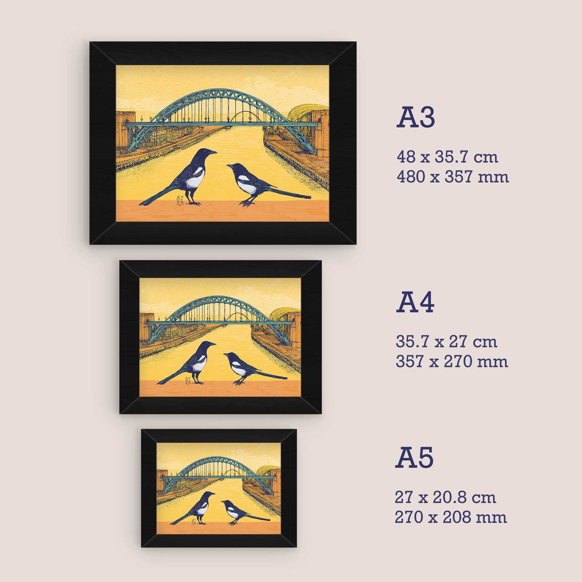 Framed artworks with dimensions displayed for A5, A4 and A3 prints sizes