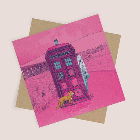 Pink greeting card with a TARDIS, fox, and ghost illustration on a beige envelope.