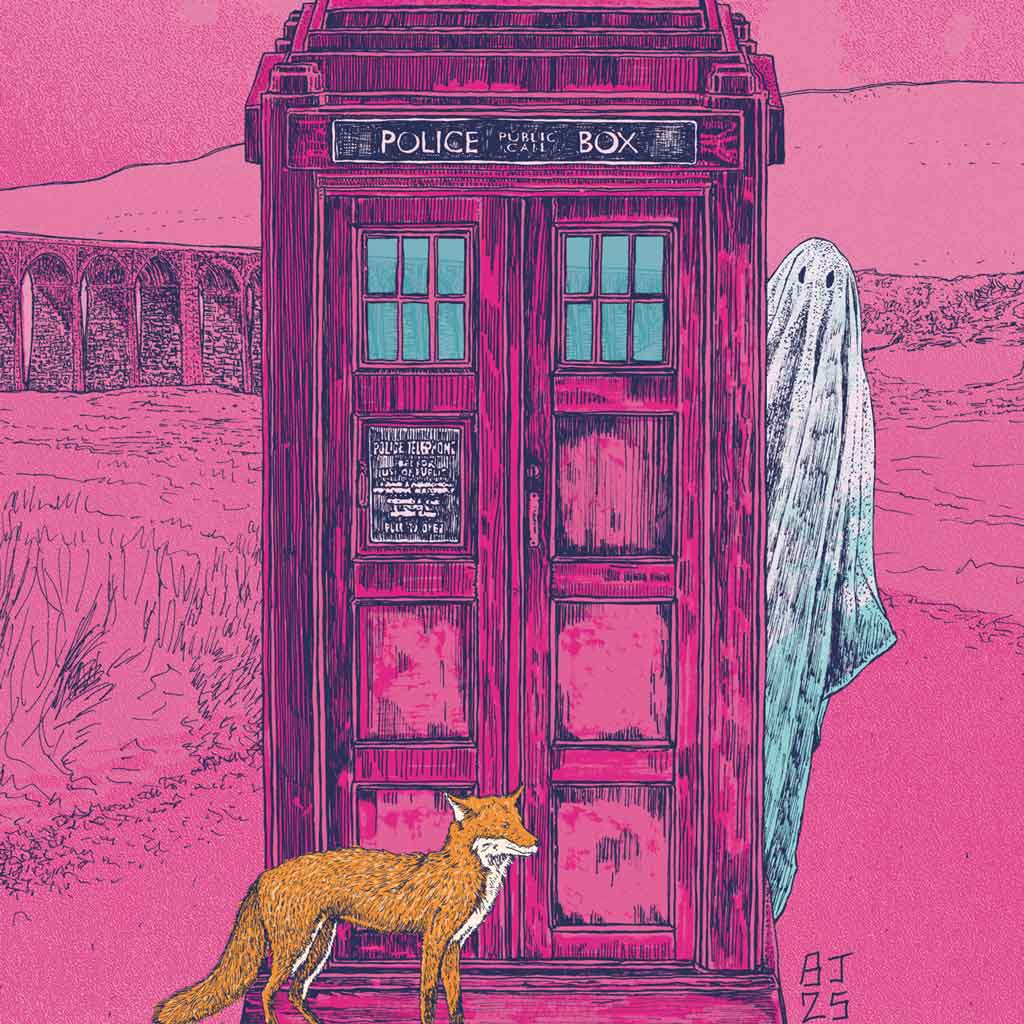 Pop art police box and fox print close up details
