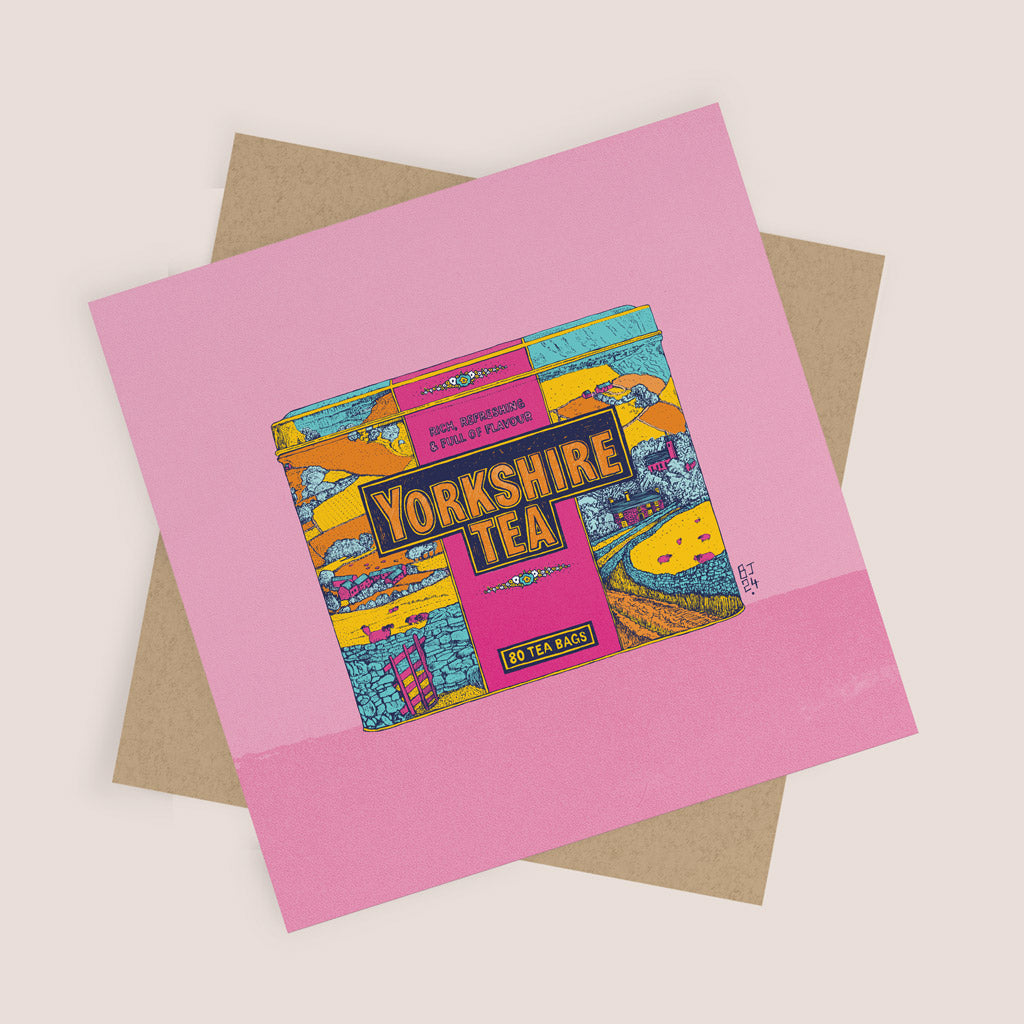 Pop art style pink tea tin illustration greeting card