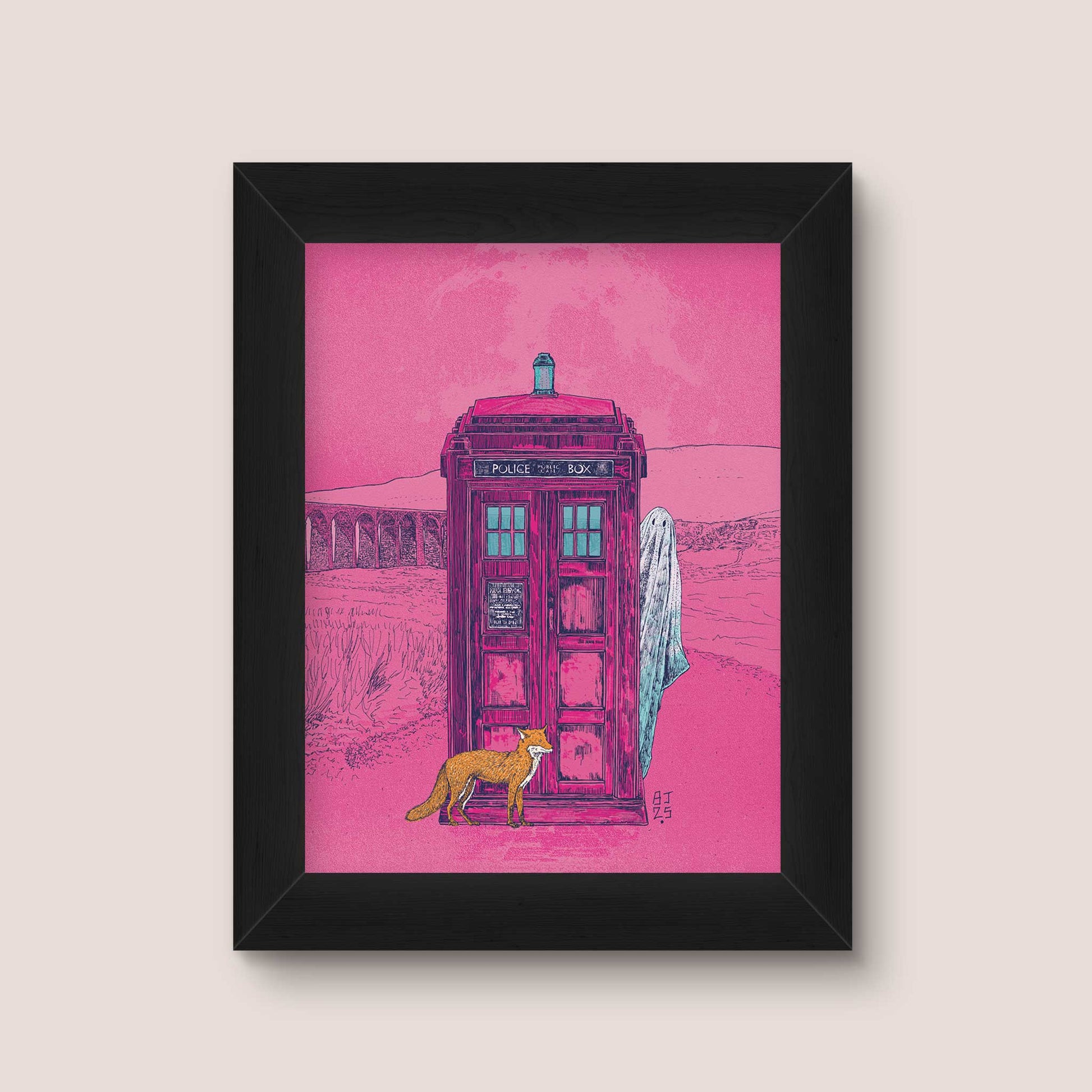 Framed artwork of Pop art police box and fox print
