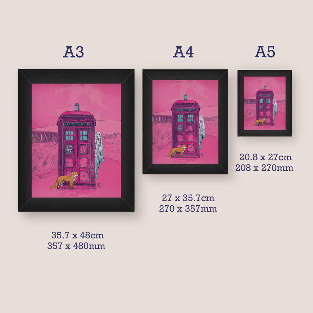 Framed artworks with dimensions displayed for A5, A4 and A3 prints sizes