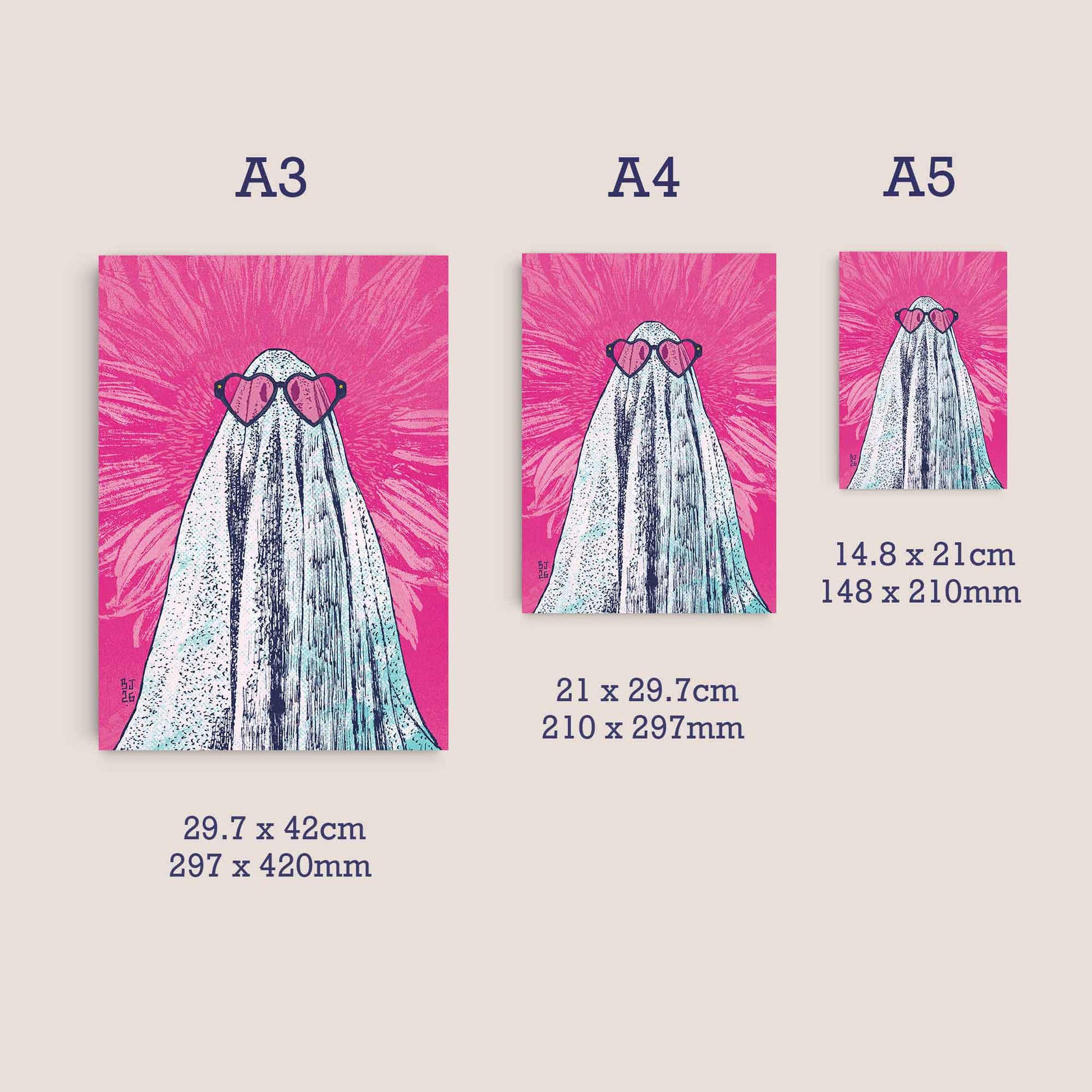 Three sizes of ghost illustrations with heart sunglasses on pink backgrounds, with dimensions displayed.