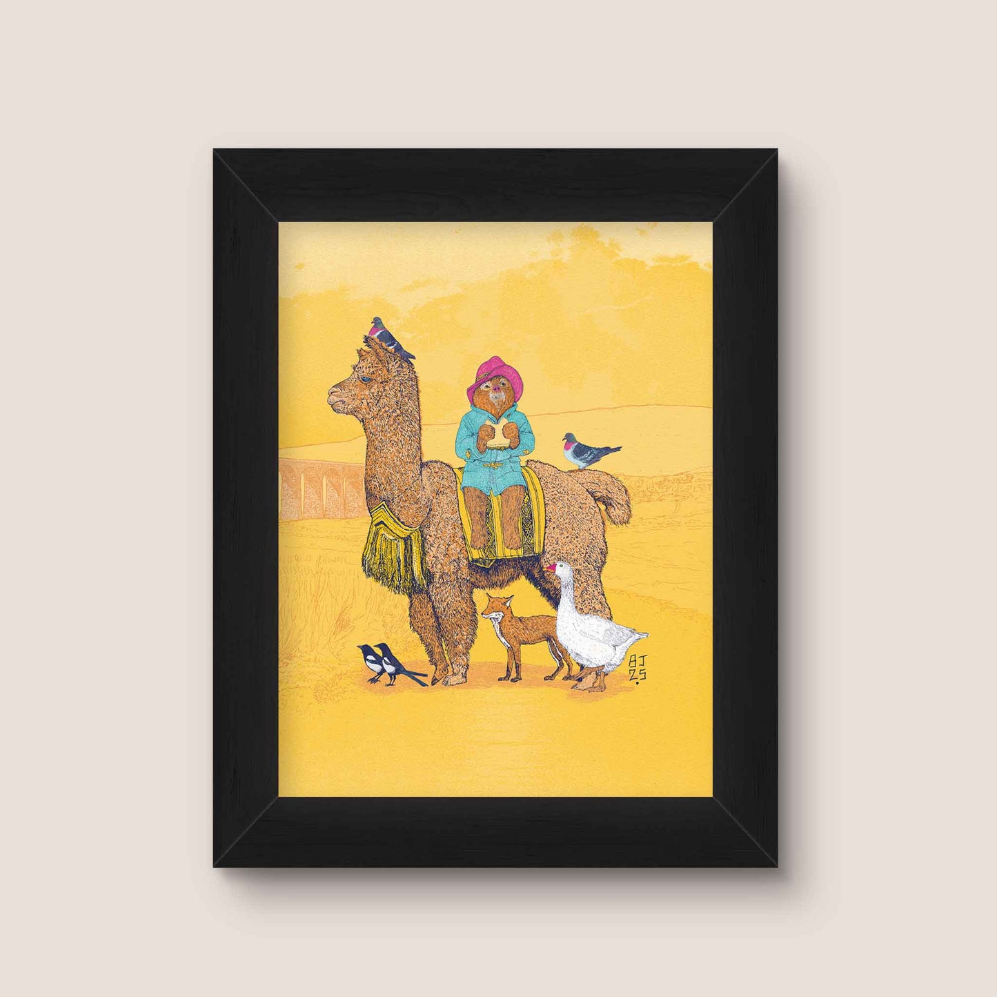 Bear and Friends Yorkshire Adventure print in a black frame on a light background
