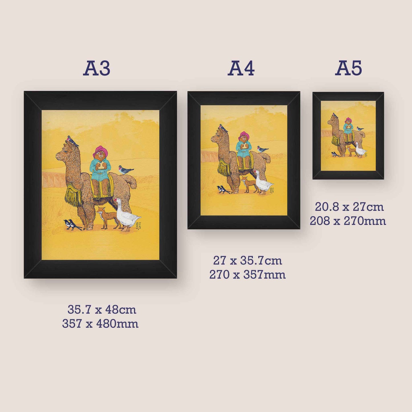 Framed wall art size options for the Bear and Friends Yorkshire Adventure illustration.