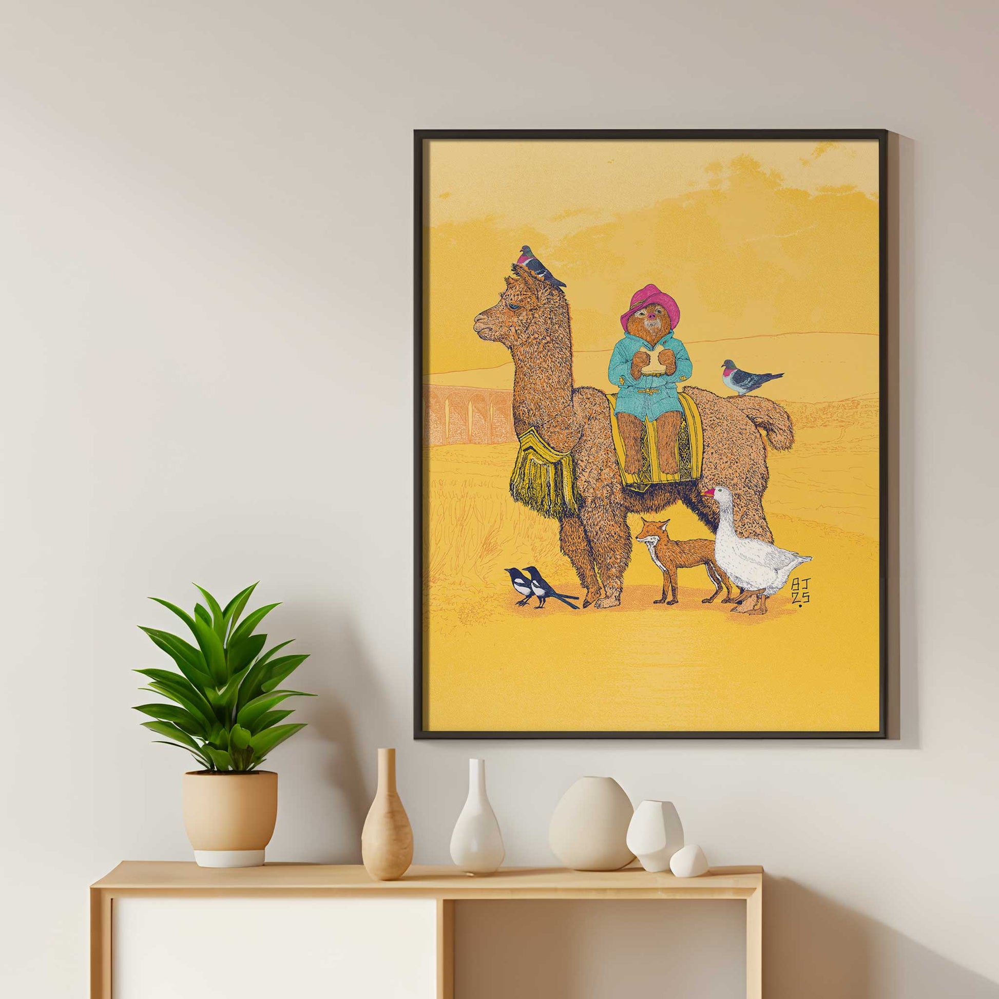 Large framed Yorkshire adventure animal print displayed in a modern home interior.