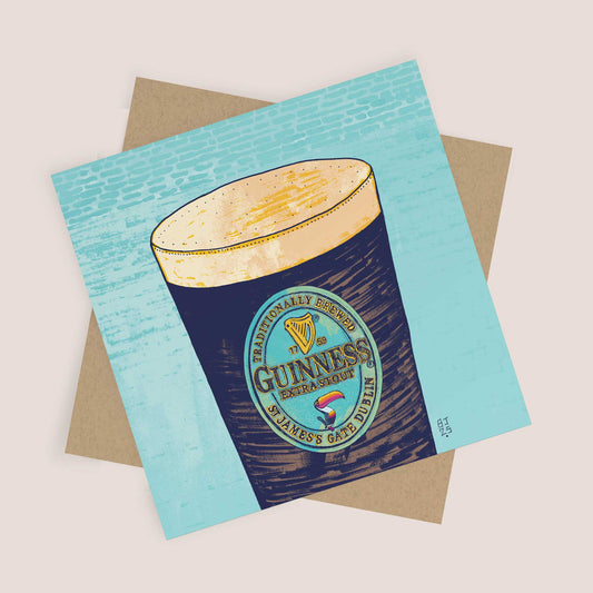 Guinness Pint Greeting Card – Bold Blue Mural Art Style - Bejojoart