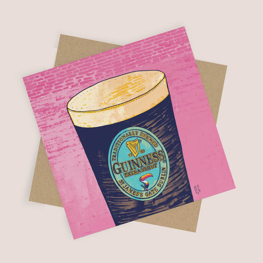 Guinness Pint Greeting Card – Bold Pink Mural Art Style - Bejojoart