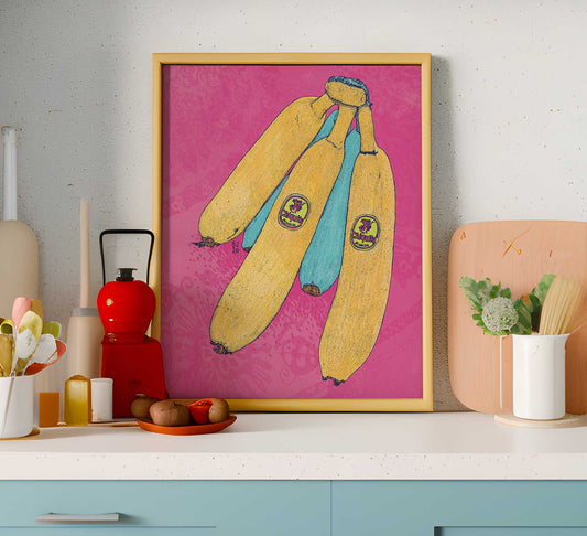 Colourful banana illustration on a vibrant pink background.