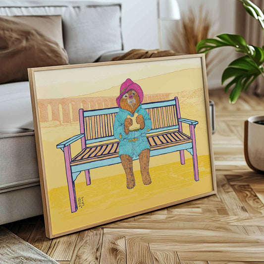 Paddington on a Bench – Illustrated Print - Bejojoart