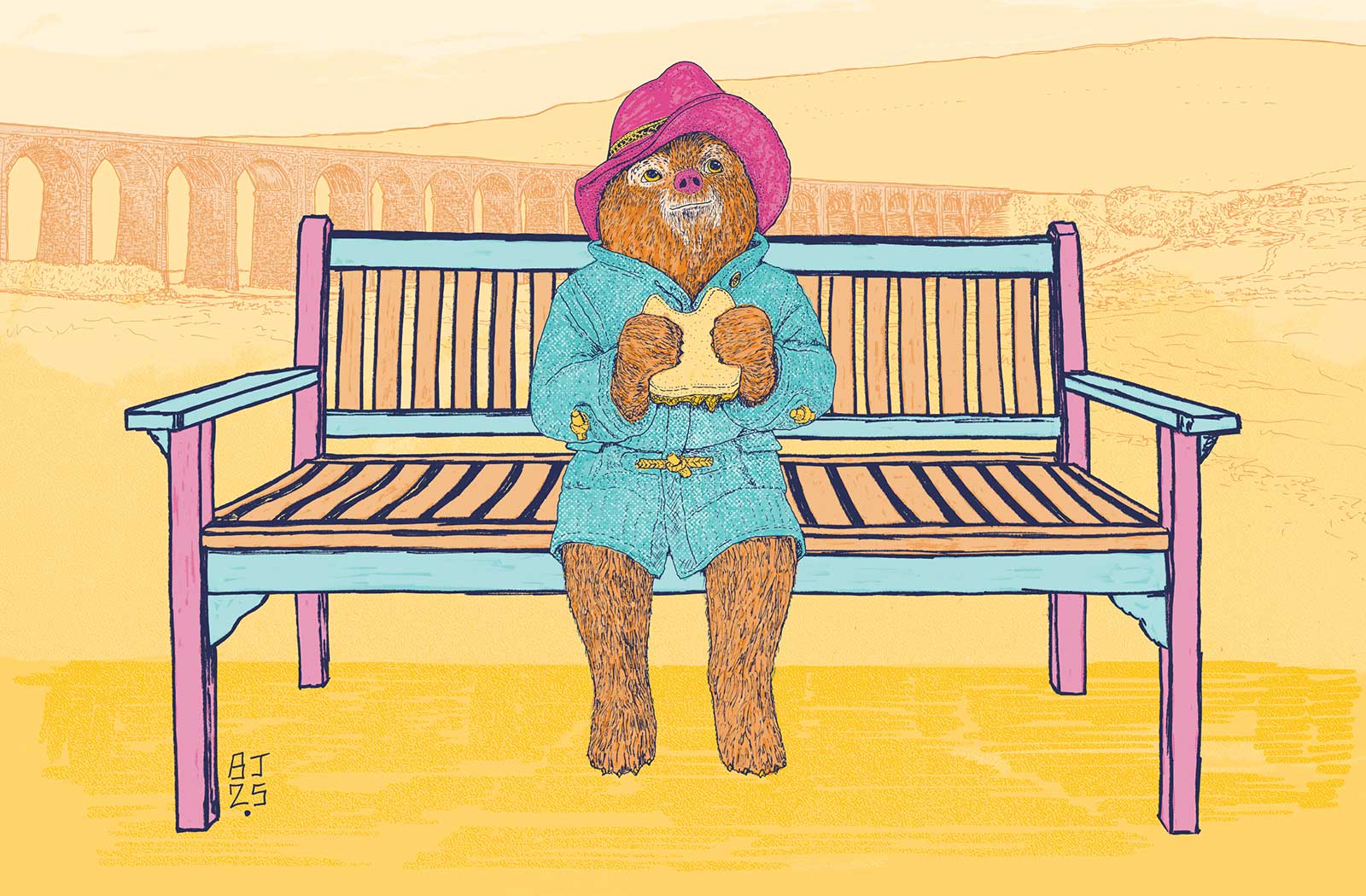 Whimsical illustration of Paddington Bear in a pink hat, sitting on a colourful bench with Ribblehead Viaduct in the background – artwork by Bejojoart.