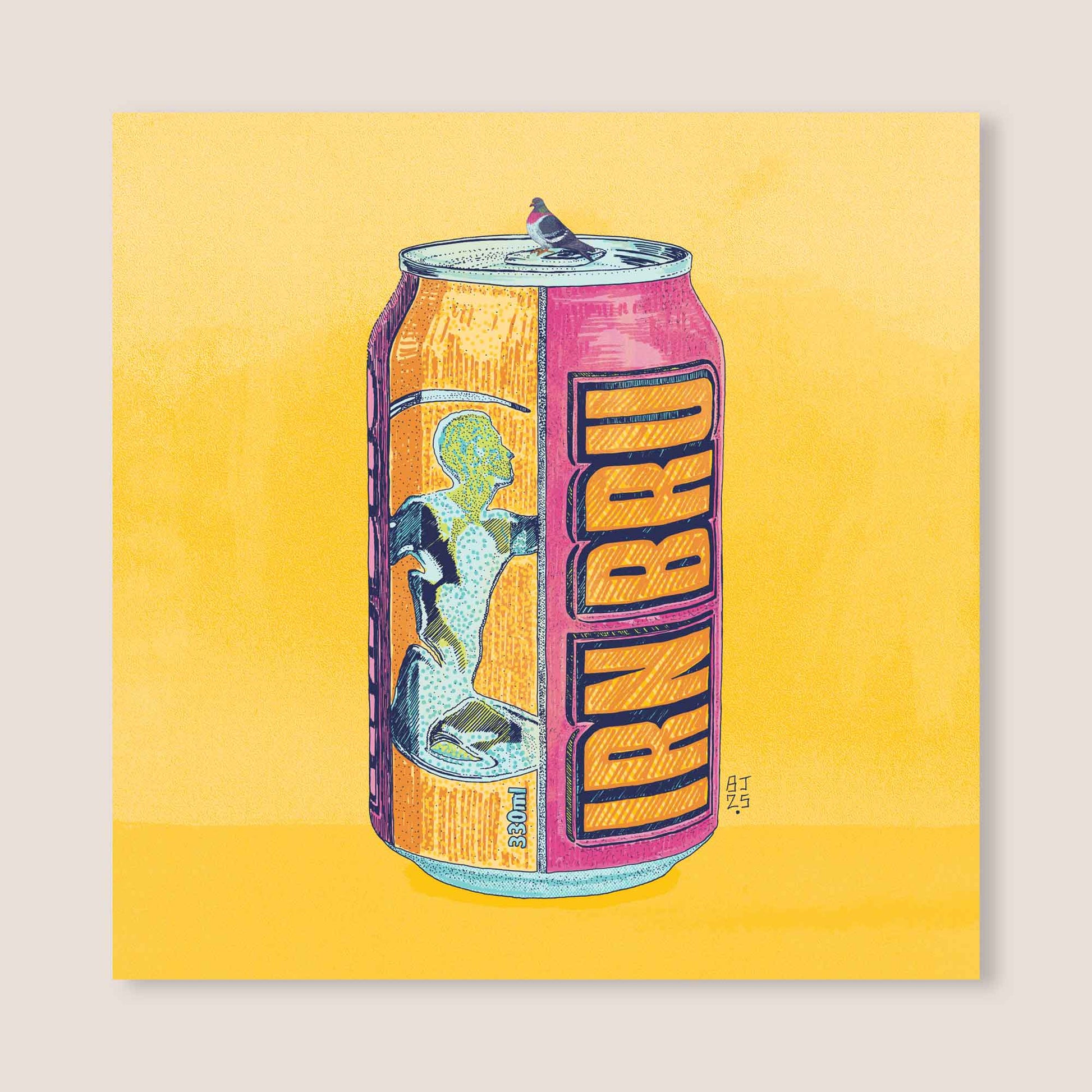 Close-up of a colourful pop-art style drinks can illustration on a greeting card.