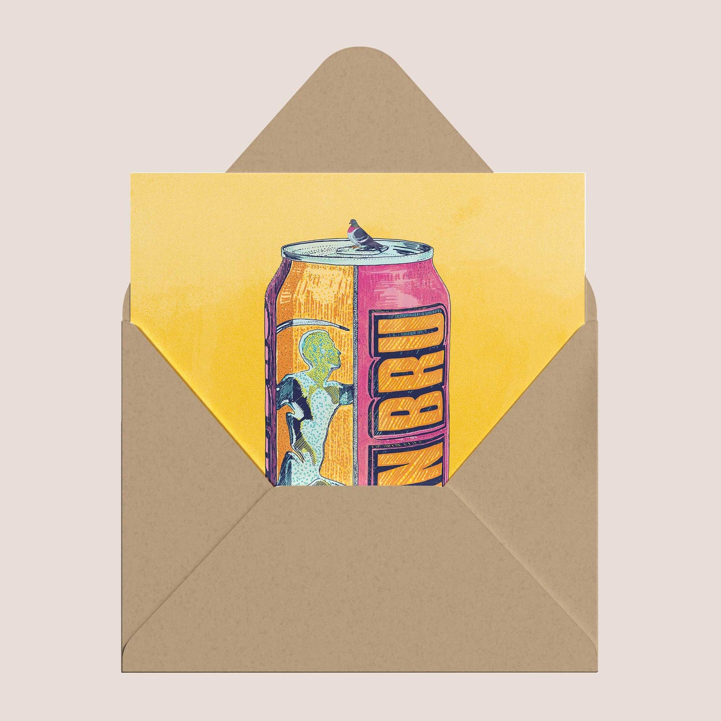 Pop-art drinks can greeting card shown inside a kraft envelope