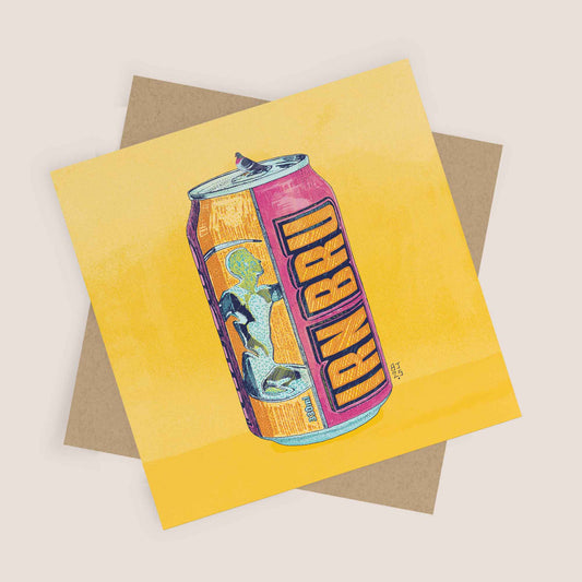 Square greeting card with a colourful illustrated drinks can and kraft envelope