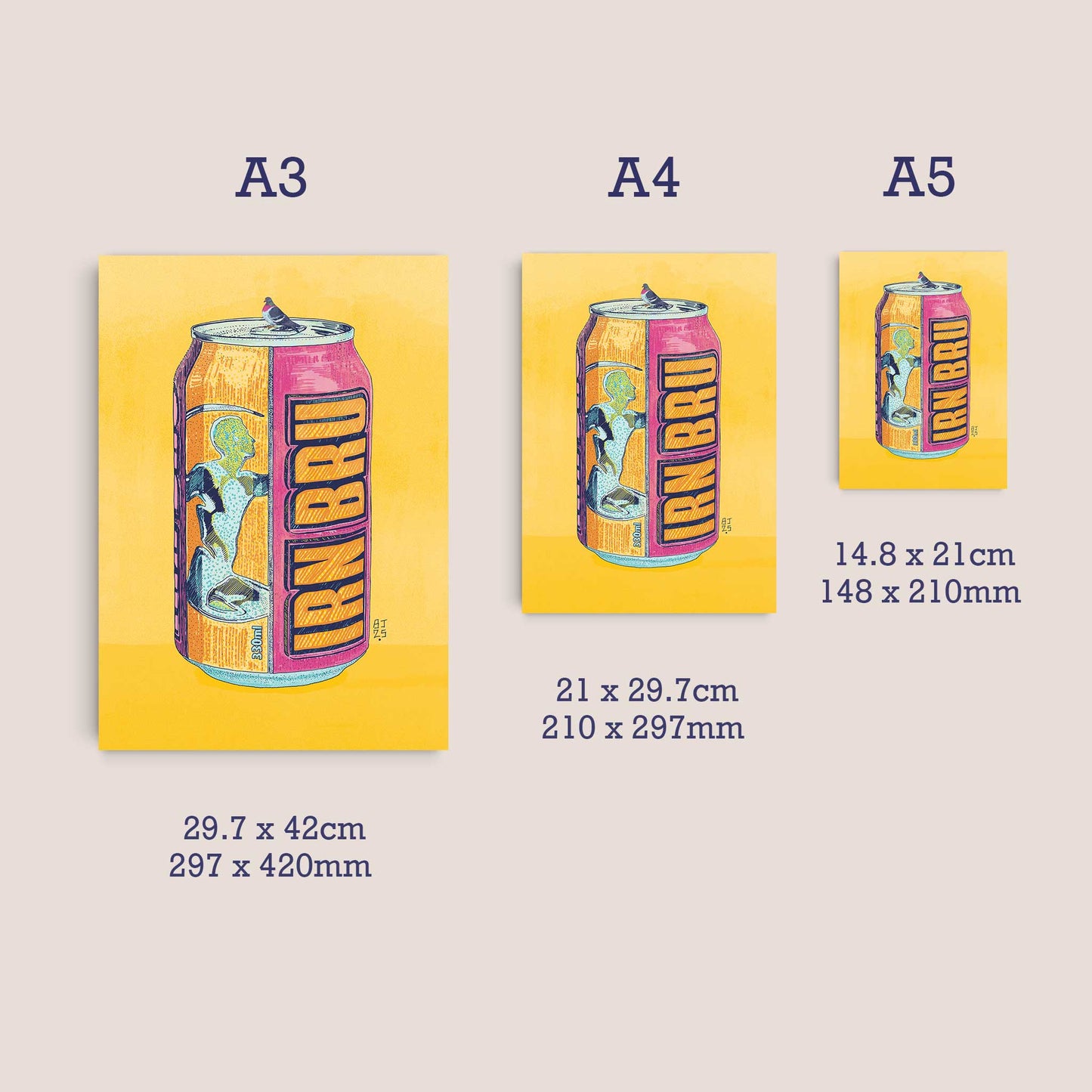 Size comparison showing the Scottish pop art wall print available in A3, A4 and A5