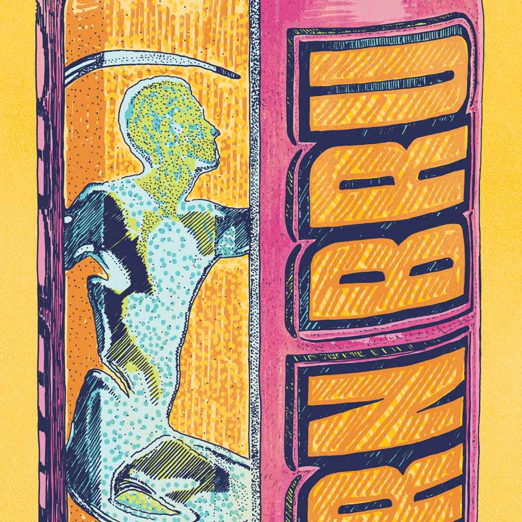 Close-up detail showing the texture and line work of the colourful pop art can illustration