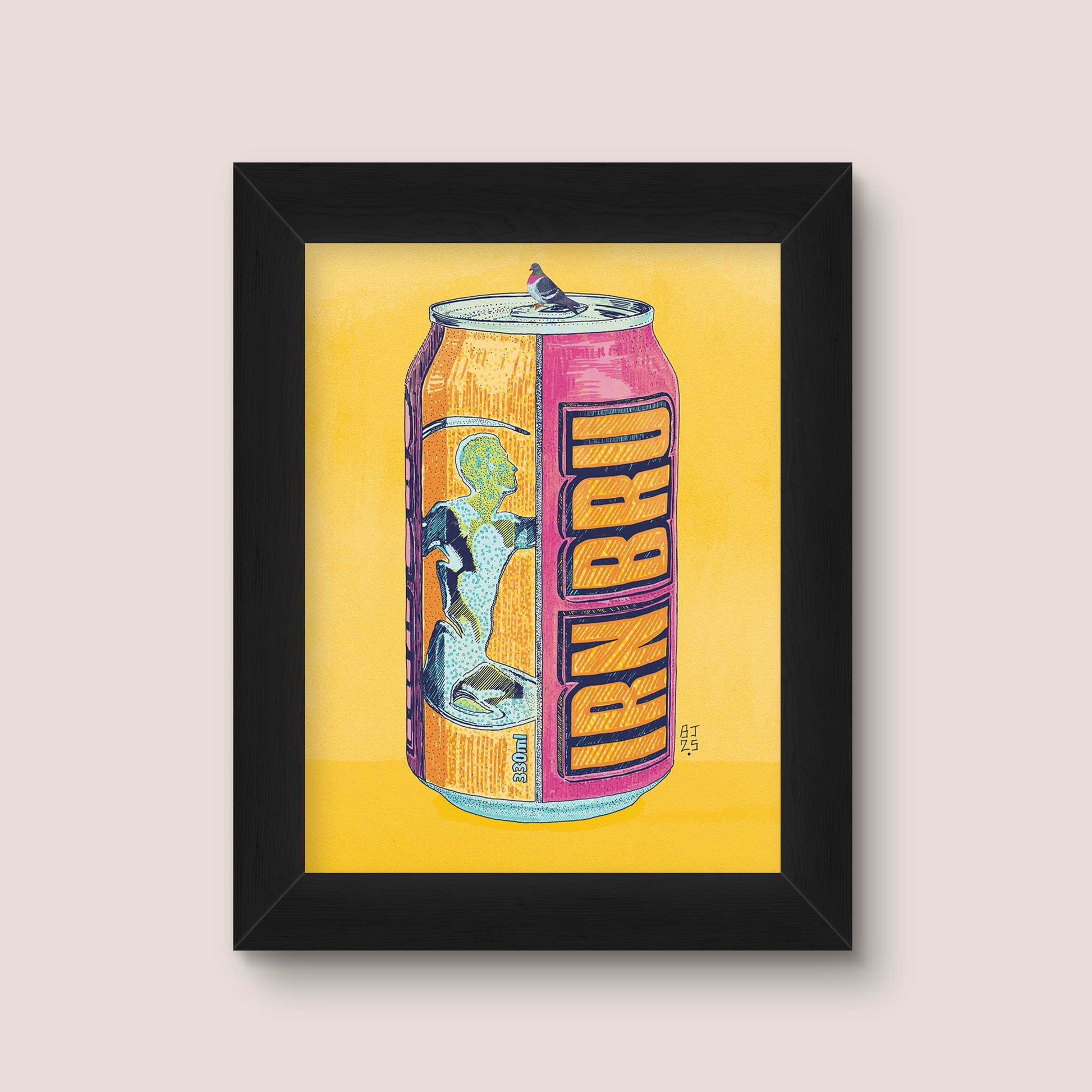 Colourful Scottish pop art illustration of a fizzy drink can in a black frame on a yellow background
