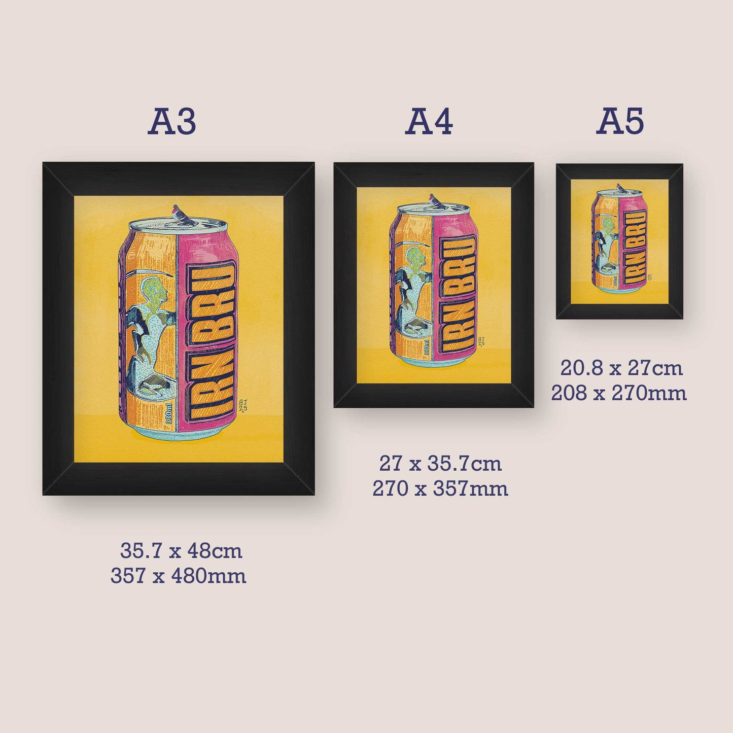 Wall art framed size options for the colourful Scottish pop art drink can illustration