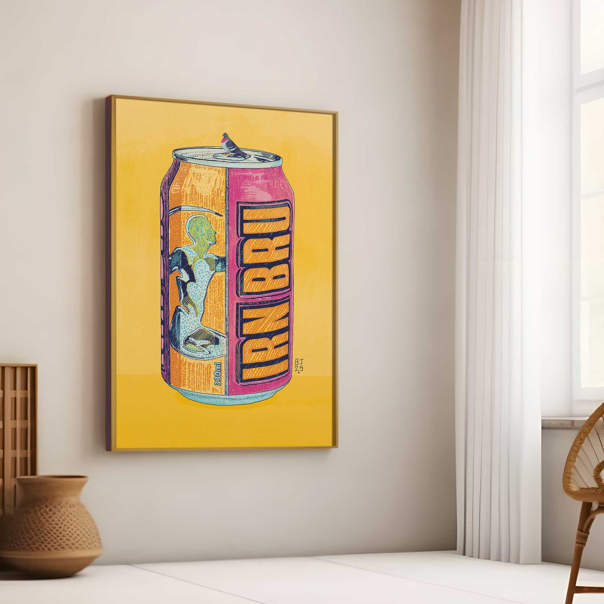 Large pop art wall print of a bright soda can illustration hanging in a modern interior