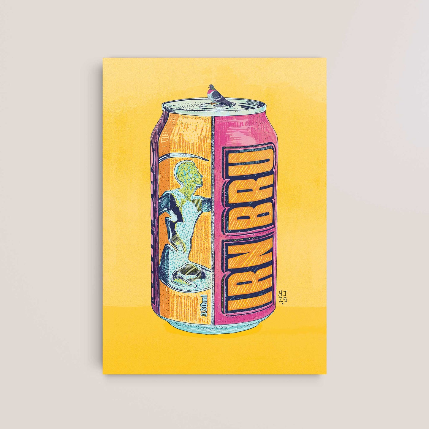 Pop art style illustration of a soda drink can in bold colours, unframed poster version
