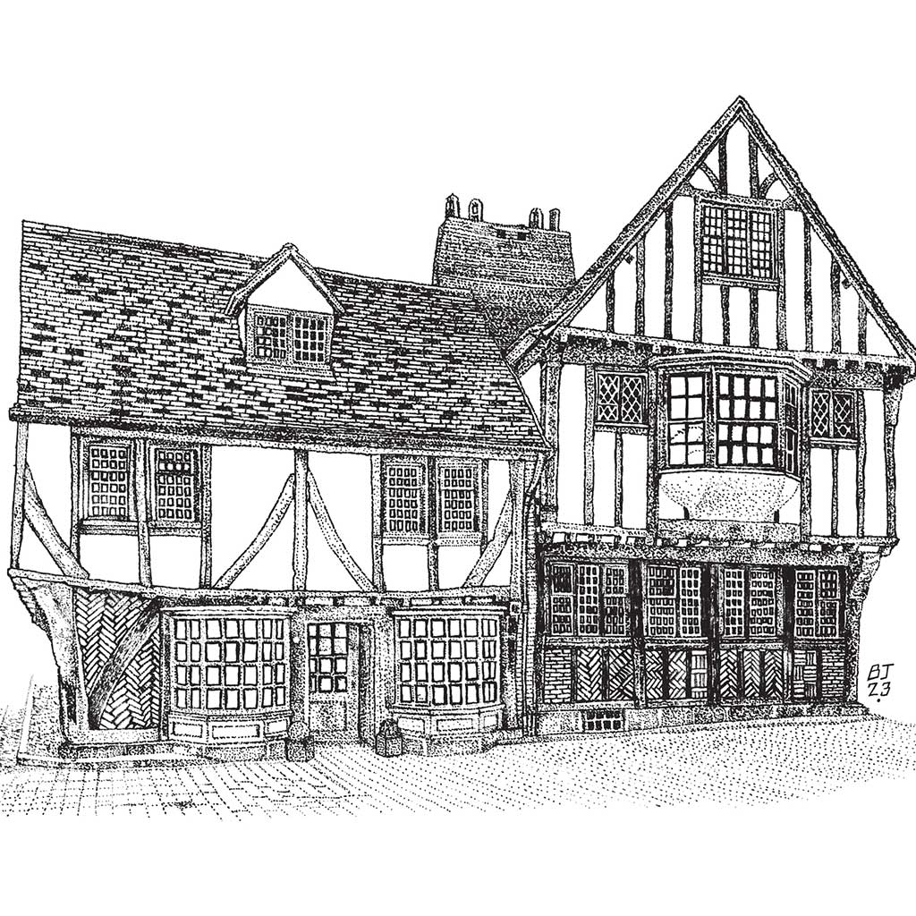 Timber framed building Black & White print - Bejojoart