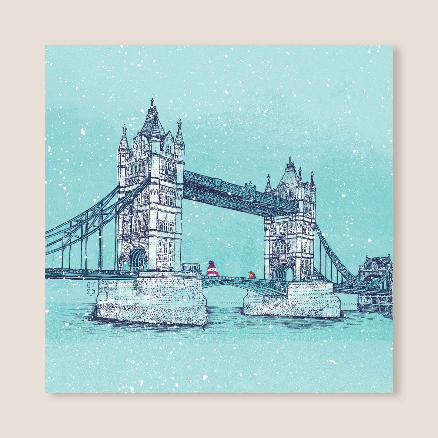 Christmas card with Tower Bridge illustrated in a snowy winter scene