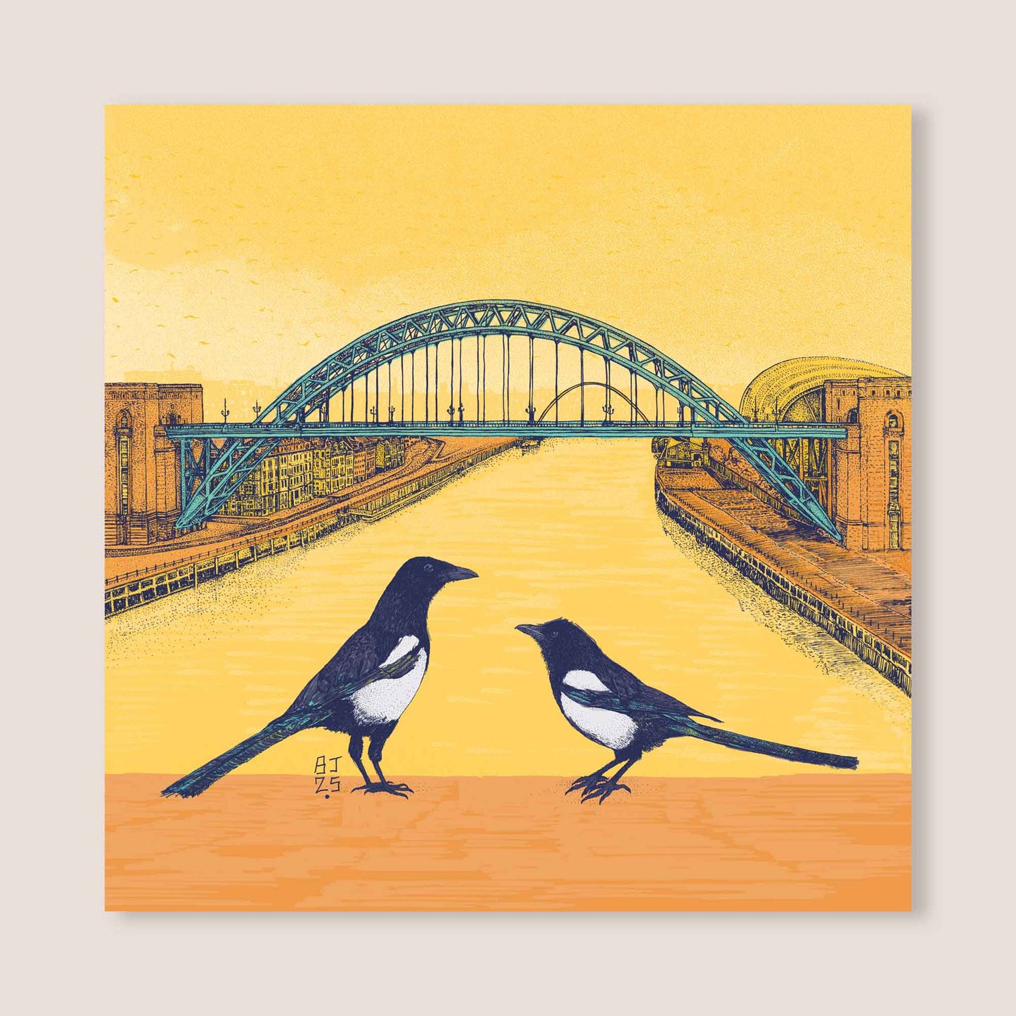 Close-up of an illustrated greeting card featuring the Tyne Bridge with two magpies