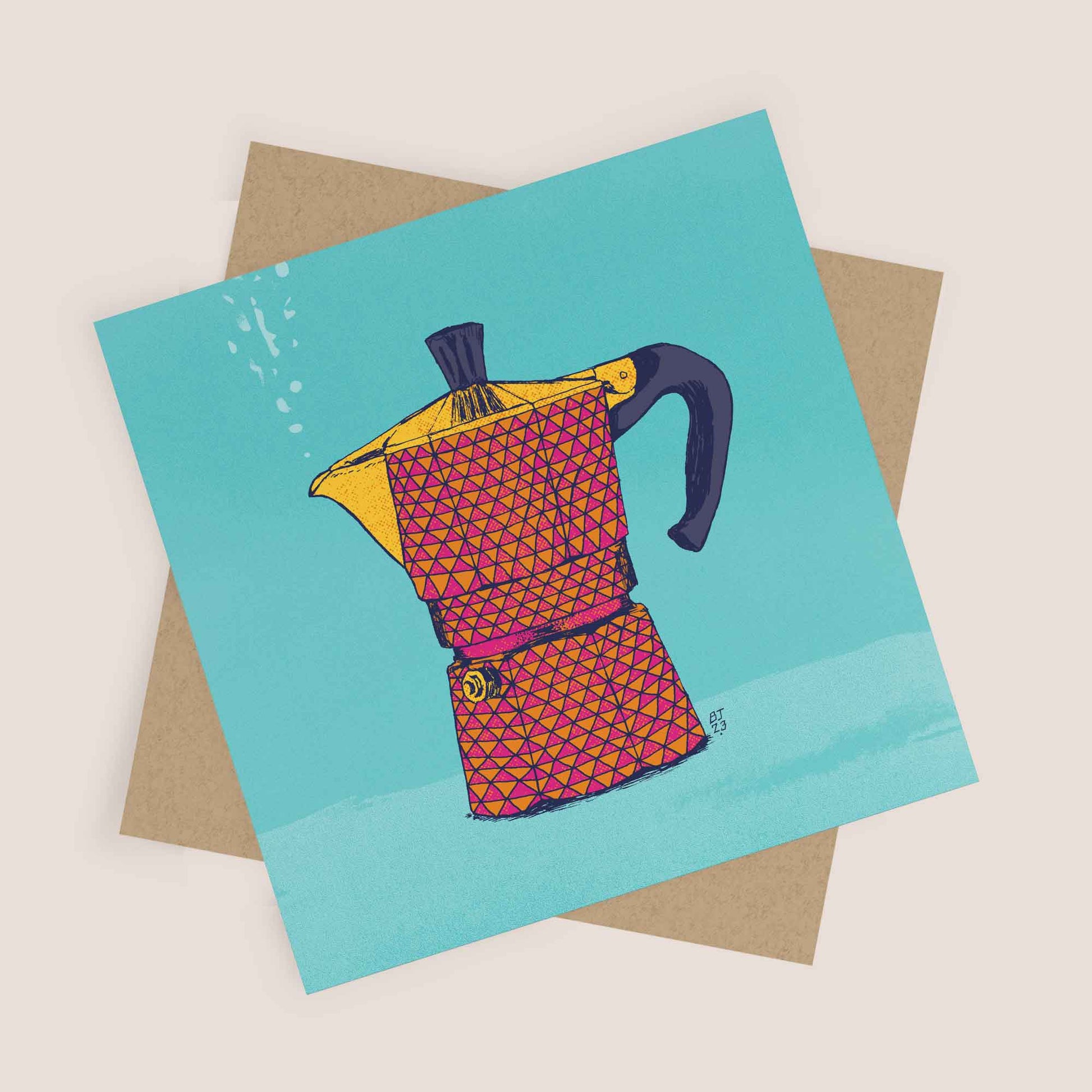 Vibrant Moka Pot Greeting Card - Unique Coffee Lover's Art - Bejojoart
