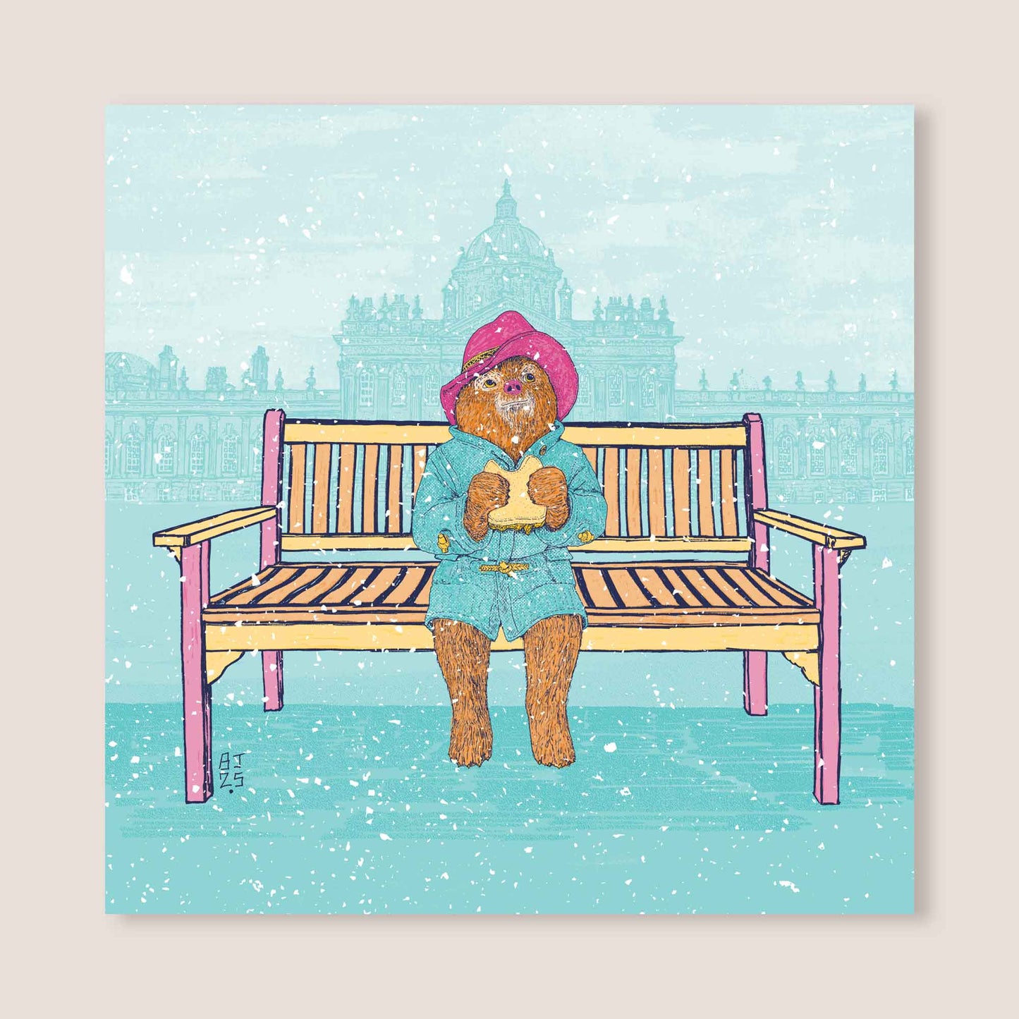 Square winter card showing a bear on a bench with falling snow