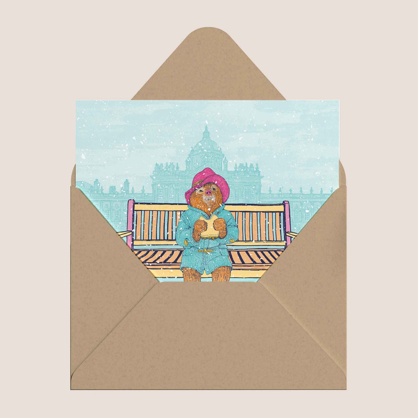 Winter bench illustration card placed inside a kraft envelope
