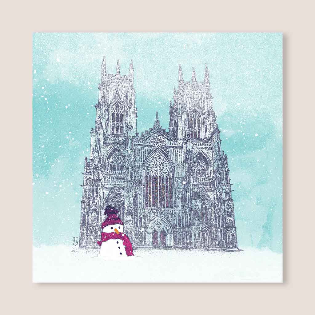 Close-up of York Minster Christmas card with snowy illustration
