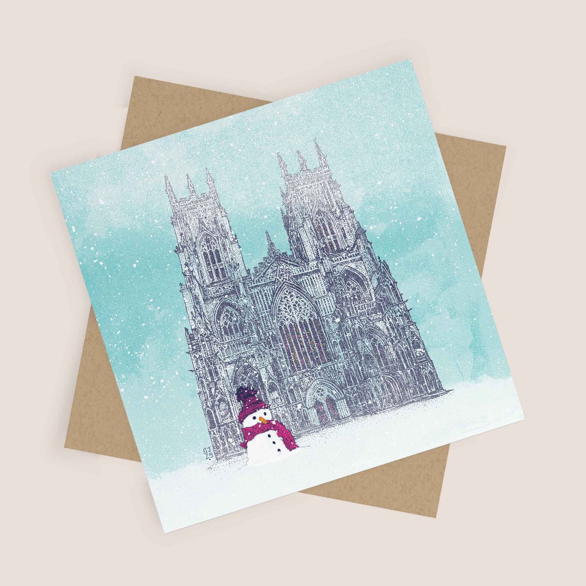 York Minster Christmas card shown with kraft envelope on a flat background.