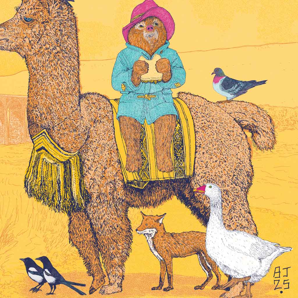 Close-up detail of a colourful illustration of a bear riding an alpaca with Yorkshire countryside animals