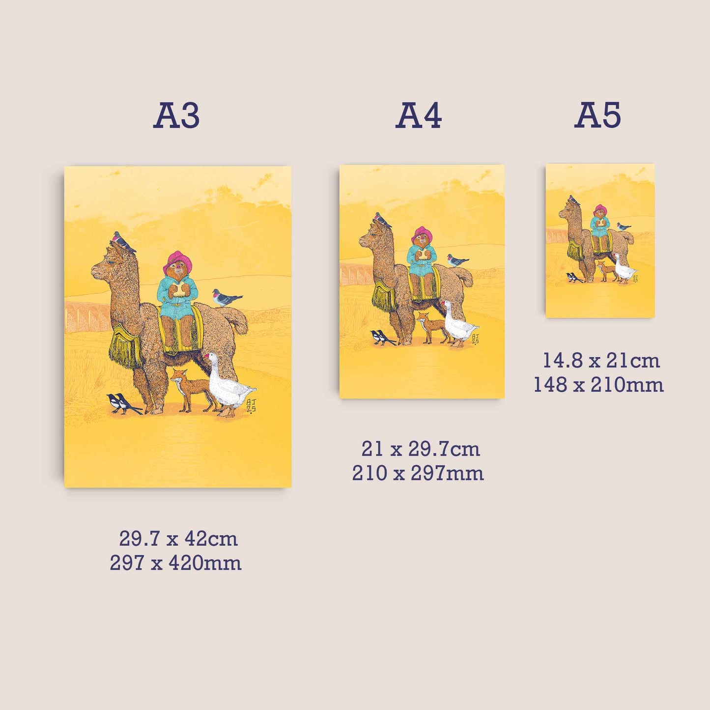Size comparison showing the Bear and Friends Yorkshire Adventure print in A3, A4 and A5.
