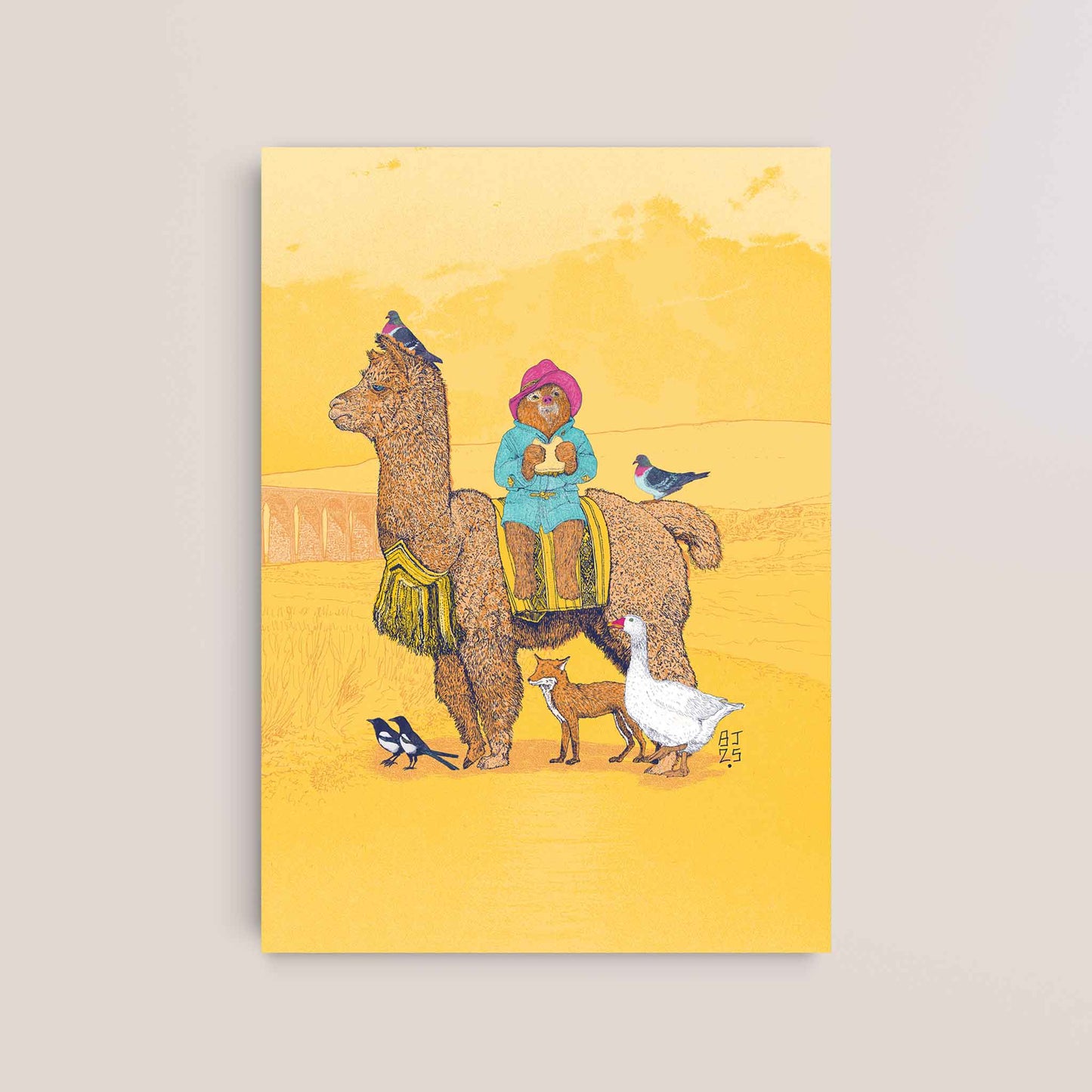 Framed Yorkshire-themed illustration of a bear on an alpaca with birds and a fox